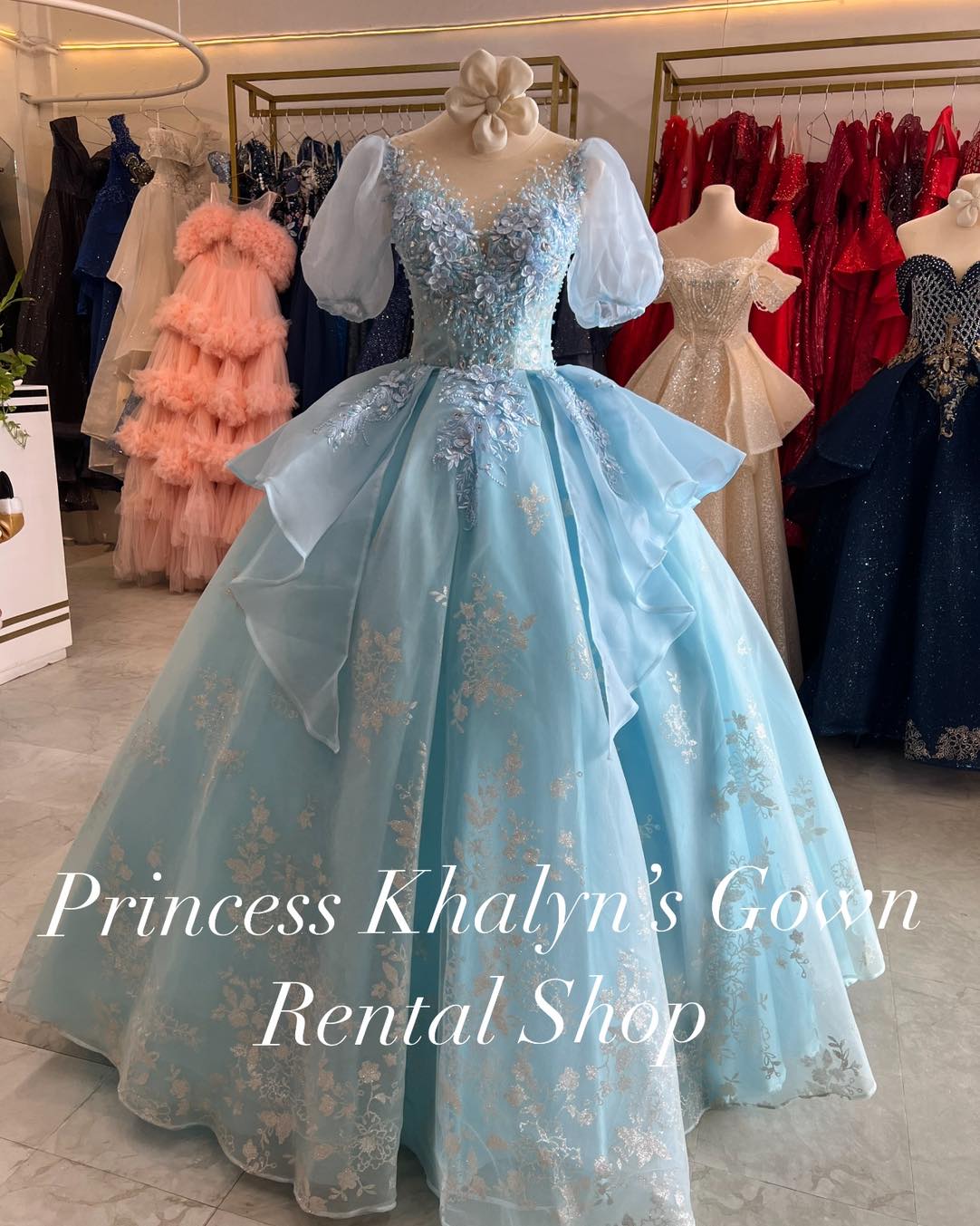 A light blue ball gown with puffed sleeves and intricate floral appliqué on the bodice. The gown features a voluminous skirt with delicate silver embroidery, creating a whimsical and elegant look.