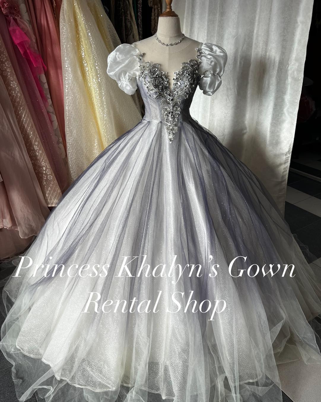 A stunning silver ball gown with puffed sleeves and intricate silver embroidery on the bodice. The gown features a voluminous shimmering skirt, creating an elegant and enchanting appearance.