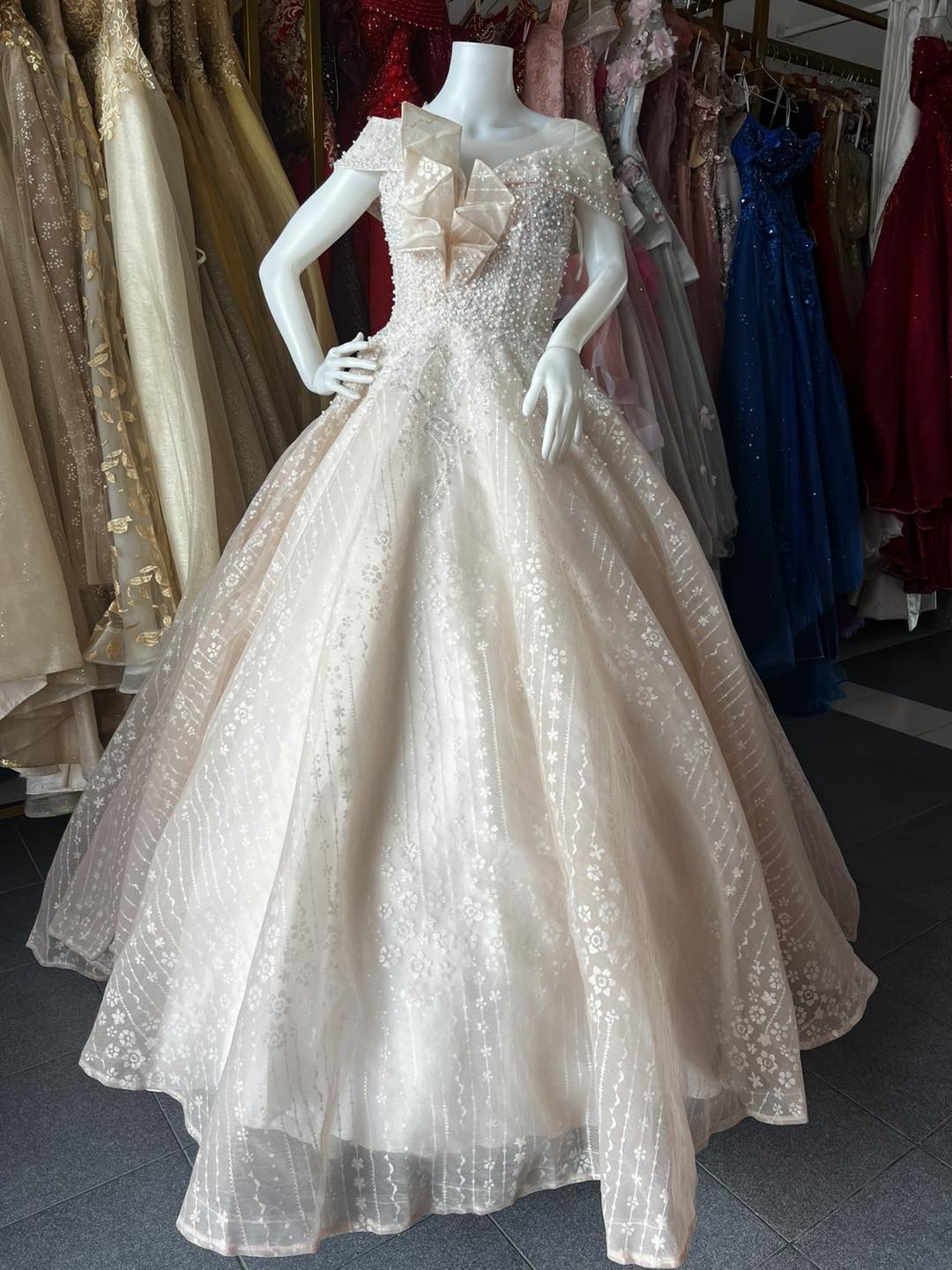 An elegant ivory ball gown with an off-shoulder design, adorned with intricate floral appliqué and delicate beadwork. The gown features a voluminous skirt with a subtle shimmer, creating a graceful and sophisticated appearance.